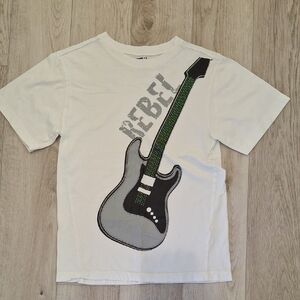 Crazy 8 White Tee with Gray Guitar and Green Neck